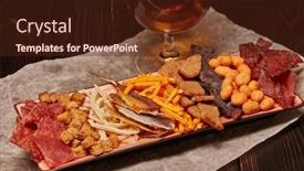  Presentation with potato chips - PPT theme having glass-with-beer-and-set background and a wine colored foreground