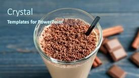  Presentation with protein shake - Theme featuring glass with chocolate protein shake on wooden table closeup background and a ocean colored foreground