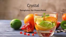  Presentation with citrus - Slide set with glass with refreshing cocktail and citrus fruits on blue wooden table background and a coral colored foreground