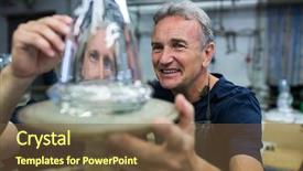  Presentation with glassware - Slide set with colleague examining glassware at glassblowing background and a tawny brown colored foreground