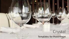  Presentation with tablecloth - Slide set with glasses at table with white tablecloth in restaurant reflection in glass background and a light gray colored foreground