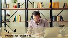  Presentation with note book - Amazing slide set having glasses focused reading book backdrop and a coral colored foreground