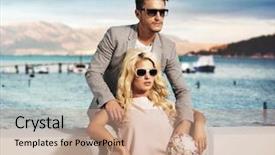  Presentation with vacation - Audience pleasing presentation design consisting of glasses glamour - happy fashionable couple on sunny backdrop and a coral colored foreground