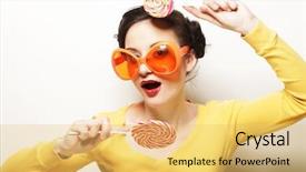  Presentation with orange 1950s - Slide set having glasses holding big lollipop bir background and a yellow colored foreground