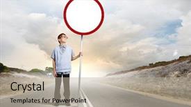  Presentation with road stop sign - Beautiful presentation theme featuring glasses holding blank road sign backdrop and a mint green colored foreground