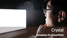  Presentation with computer room - Presentation enhanced with glasses looking at blank screen background and a tawny brown colored foreground