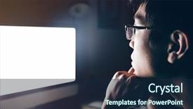  Presentation with computer room - Audience pleasing presentation design consisting of glasses looking at blank screen backdrop and a  colored foreground