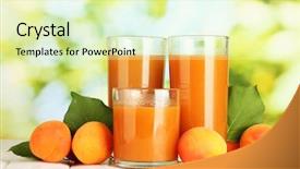  Presentation with apricot - Colorful presentation design enhanced with glasses of apricot juice and fresh apricots on white wooden table on green background backdrop and a soft green colored foreground