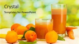  Presentation with apricot - PPT theme consisting of glasses of carrot and apricot juice on white wooden table on green background background and a yellow colored foreground
