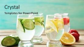  Presentation with glasses - Presentation consisting of glasses of different home made freshness healthy vitamin-fortified water on wooden table background and a mint green colored foreground