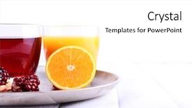  Presentation with pomegranate - Slides enhanced with glasses of fresh orange and pomegranate juice on tray on white wooden table background and a white colored foreground
