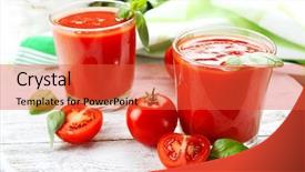  Presentation with tomato juice - Presentation theme consisting of glasses of fresh tomato juice on wooden table closeup background and a red colored foreground