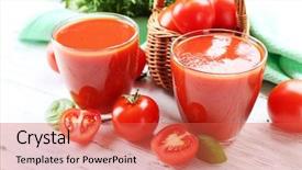 Presentation with tomato juice - Presentation theme featuring glasses of fresh tomato juice on wooden table closeup background and a red colored foreground