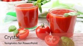  Presentation with tomato juice - Colorful slide deck enhanced with glasses of fresh tomato juice on wooden table closeup backdrop and a coral colored foreground