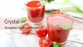  Presentation with tomato juice - Slide set enhanced with glasses of fresh tomato juice on wooden table closeup background and a coral colored foreground