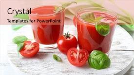  Presentation with tomato juice - Cool new slide deck with glasses of fresh tomato juice on wooden table closeup backdrop and a coral colored foreground