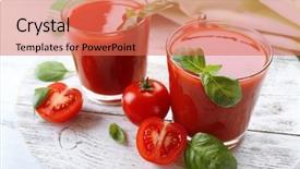  Presentation with tomato juice - PPT layouts featuring glasses of fresh tomato juice on wooden table closeup background and a coral colored foreground