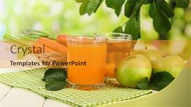  Presentation with green apples - Cool new presentation theme with glasses of juice apples and carrots on white wooden table on green background backdrop and a gold colored foreground