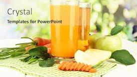  Presentation with green apples - Audience pleasing presentation design consisting of glasses of juice apples and carrots on white wooden table on green background backdrop and a blonde colored foreground