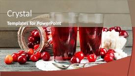  Presentation with cherry - Beautiful slide deck featuring glasses of sweet homemade cherry compote on table on wooden background backdrop and a gray colored foreground