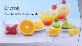  Presentation with tequila - Presentation featuring glasses of tequila sunrise cocktail with citrus slices on wooden table background and a sky blue colored foreground