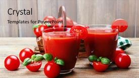  Presentation with tomato juice - PPT theme having glasses of tomato juice with vegetables on wooden background background and a mint green colored foreground