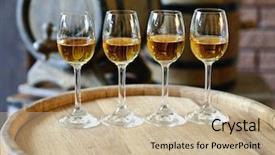  Presentation with barrels - Theme enhanced with glasses of wine in cellar with old barrels background and a mint green colored foreground