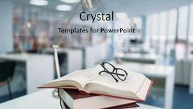  Presentation with tan book stack stacks of books - Colorful presentation enhanced with glasses on table in library backdrop and a light blue colored foreground