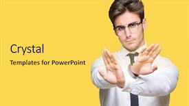  Presentation with young man wearing a hat - Slide deck having glasses over isolated background rejection background and a  colored foreground