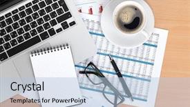  Presentation with pen laptop coffee cup clips - Cool new PPT theme with glasses over papers with numbers backdrop and a light blue colored foreground
