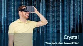  Presentation with virtual reality rehabilitation - Slide deck enhanced with glasses playing game over binary background and a  colored foreground
