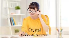  Presentation with high school - PPT theme with glasses reading book and writing background and a yellow colored foreground