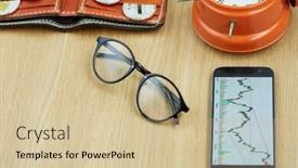  Presentation with crypto - Beautiful presentation design featuring glasses smartphone with financial charts backdrop and a soft green colored foreground