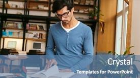  Presentation with elegant man in glasses optics - Slide deck consisting of glasses standing at the library background and a  colored foreground