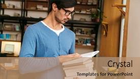  Presentation with young man wearing a hat - Colorful slide deck enhanced with glasses standing at the library backdrop and a  colored foreground