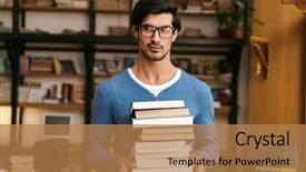  Presentation with public health stack of books - Slide deck featuring glasses standing at the library background and a  colored foreground