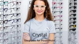  Presentation with pretty girl - Colorful PPT layouts enhanced with glasses standing in the optical backdrop and a light blue colored foreground