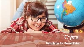  Presentation with book glasses - Beautiful presentation design featuring glasses study homework with globe backdrop and a coral colored foreground