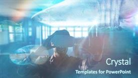  Presentation with tank - PPT theme with wood table top - smiling man using virtual reality background and a ocean colored foreground