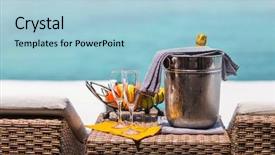  Presentation with champagne - Beautiful presentation theme featuring glasses with champagne and fruit backdrop and a light blue colored foreground