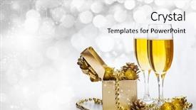  Presentation with golden lights - Presentation design enhanced with glasses with champagne and golden gift box with christmas balls against fireworks and holiday lights background and a white colored foreground