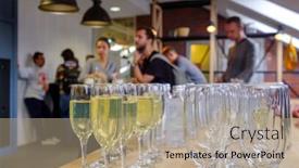  Presentation with catering - Audience pleasing theme consisting of glasses with champagne in the foreground blurred people on the background concept of a party event catering backdrop and a coral colored foreground