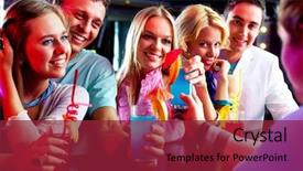  Presentation with blonde holding magnifying glass - Audience pleasing PPT theme consisting of glasses with cocktails in bar backdrop and a violet colored foreground