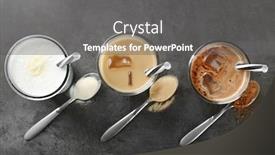  Presentation with protein - Amazing slide deck having glasses with different protein shakes and powders in spoons on table backdrop and a gray colored foreground