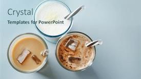  Presentation with protein - Colorful slide set enhanced with glasses with different protein shakes on table backdrop and a sky blue colored foreground