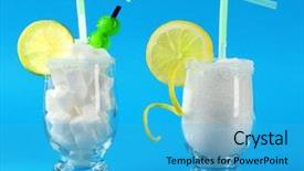  Presentation with sugar loaded foods - Colorful presentation design enhanced with glasses with granulated lump sugar backdrop and a teal colored foreground