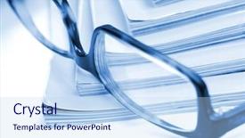  Presentation with magazines - Beautiful theme featuring education stacked old newspapers pile - glasses with magazines backdrop and a light blue colored foreground