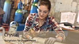  Presentation with metallurgy - Cool new PPT layouts with glasses working in metallurgy workshop backdrop and a  colored foreground