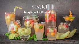  Presentation with glassware - Colorful presentation theme enhanced with glassware with delicious cocktails and melon balls on table backdrop and a gray colored foreground