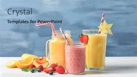  Presentation with glassware - Presentation design consisting of glassware with different milkshakes background and a light blue colored foreground